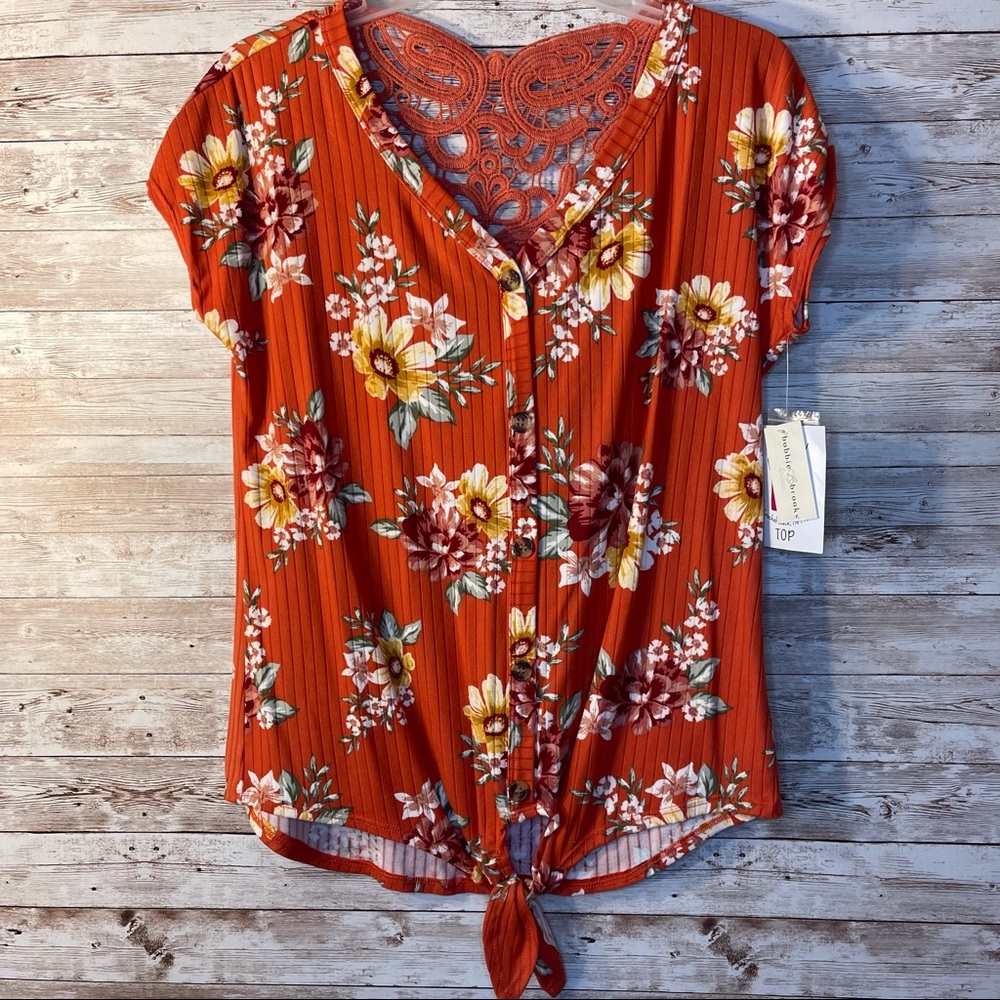 Brand New Floral Blouse - Crochet Back Tie Front